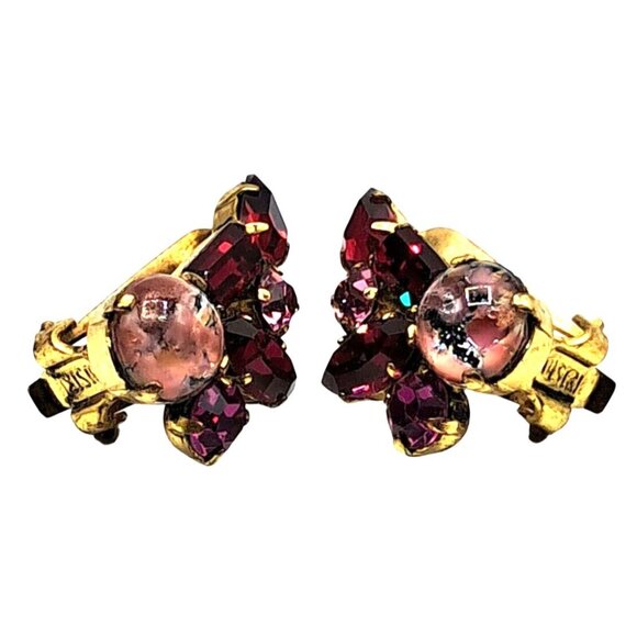 Vintage Austria Rhinestone Earrings Art Glass Dragons Breath Pink Red Clip On Si - Picture 7 of 12